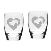 Cat Dog Heart Deep Etched Luigi B Michelangelo Double Old Fashion Glass Set of 2