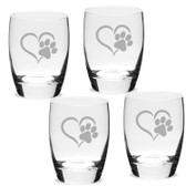 Paw Print Heart Deep Etched Luigi B Michelangelo Double Old Fashion Glass Set of 4