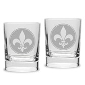 Fleur de Lis Deep Etched Luigi Bormioli 11.75 oz Square Round Double Old Fashion Glass Set of 2