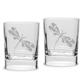 Dragonfly Deep Etched Luigi Bormioli 11.75 oz Square Round Double Old Fashion Glass Set of 2
