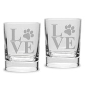 Paw Print LOVE Deep Etched Luigi Bormioli 11.75 oz Square Round Double Old Fashion Glass Set of 2