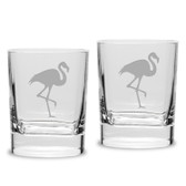 Flamingo Deep Etched Luigi Bormioli 11.75 oz Square Round Double Old Fashion Glass Set of 2