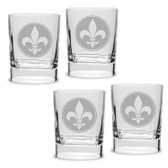 Fleur de Lis Deep Etched Luigi Bormioli 11.75 oz Square Round Double Old Fashion Glass Set of 4