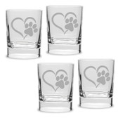 Paw Print Heart Deep Etched Luigi Bormioli 11.75 oz Square Round Double Old Fashion Glass Set of 4