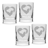 Cat Dog Heart Deep Etched Luigi Bormioli 11.75 oz Square Round Double Old Fashion Glass Set of 4