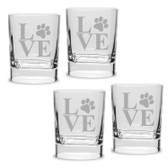 Paw Print LOVE Deep Etched Luigi Bormioli 11.75 oz Square Round Double Old Fashion Glass Set of 4