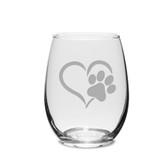 Paw Print Heart Deep Etched Stemless Wine Glass