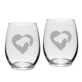 Cat Dog Heart Deep Etched Stemless White Wine Glass Set of 2