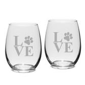 Paw Print LOVE Deep Etched Stemless White Wine Glass Set of 2