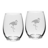 Flamingo Deep Etched Stemless White Wine Glass Set of 2