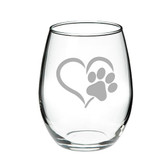 Paw Print Heart Deep Etched Stemless White Wine Glass Set of 4