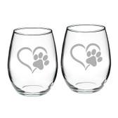 Paw Print Heart Deep Etched Stemless Red Wine Glass