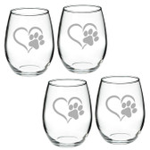 Paw Print Deep Etched Stemless Red Wine Glass Set of 2