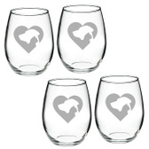 Cat Dog Heart Deep Etched Stemless Red Wine Glass Set of 2
