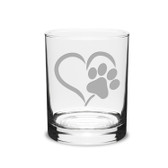 Paw Print Heart Deep Etched Classic Double Old Fashion Glass