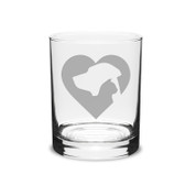 Cat Dog Heart Deep Etched Classic Double Old Fashion Glass