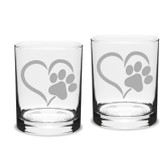 Paw Print Heart Deep Etched Classic Double Old Fashion Glass Set of 2