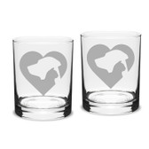 Cat Dog Heart Deep Etched Classic Double Old Fashion Glass Set of 2