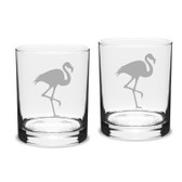 Flamingo Deep Etched Classic Double Old Fashion Glass Set of 2