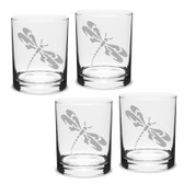 Dragonfly Deep Etched Double Old Fashion Glass Set of 4