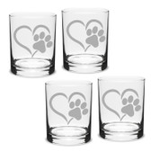 Paw Print Heart Deep Etched Double Old Fashion Glass Set of 4