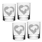 Cat Dog Heart Deep Etched Double Old Fashion Glass Set of 4