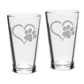 Paw Print Heart Deep Etched Classic Pub Pint Glass Set of 2