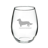 Long Haired Dachshund Deep Etched Stemless Red Wine Glass