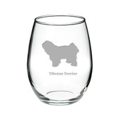 Tibetan Terrier Deep Etched Stemless Red Wine Glass