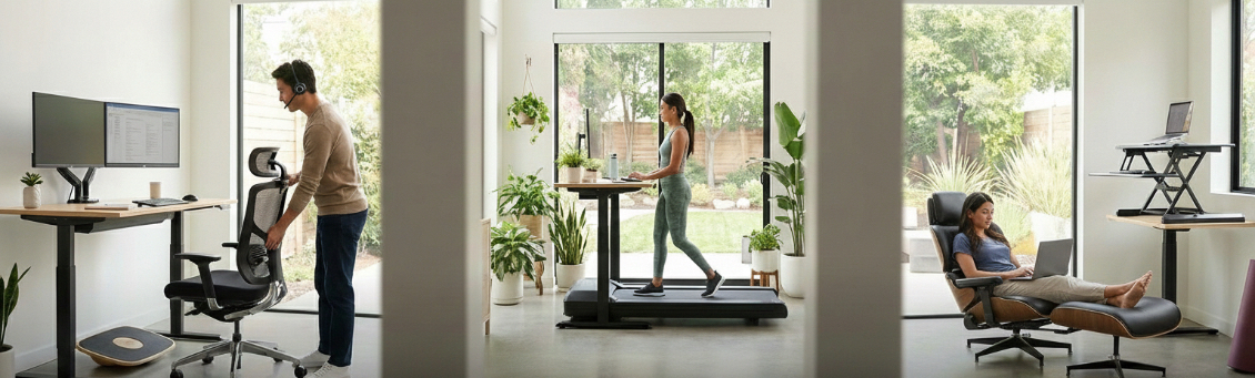 Modern home office setups showing ergonomic standing desks, a treadmill desk, and a reclining chair for flexible, healthy working.
