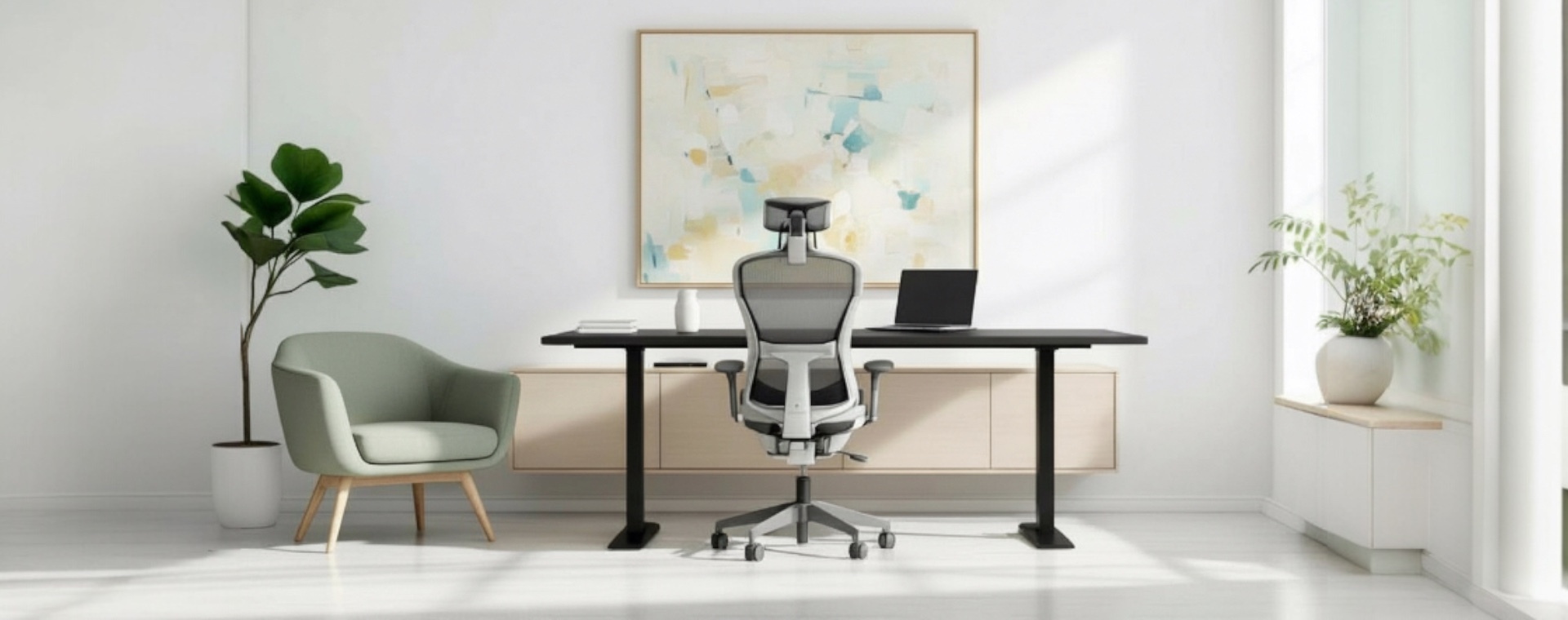 Minimalist ergonomic workspace showcasing a mesh office chair, sit-stand desk, and lounge chair arranged in a clean, contemporary home office.