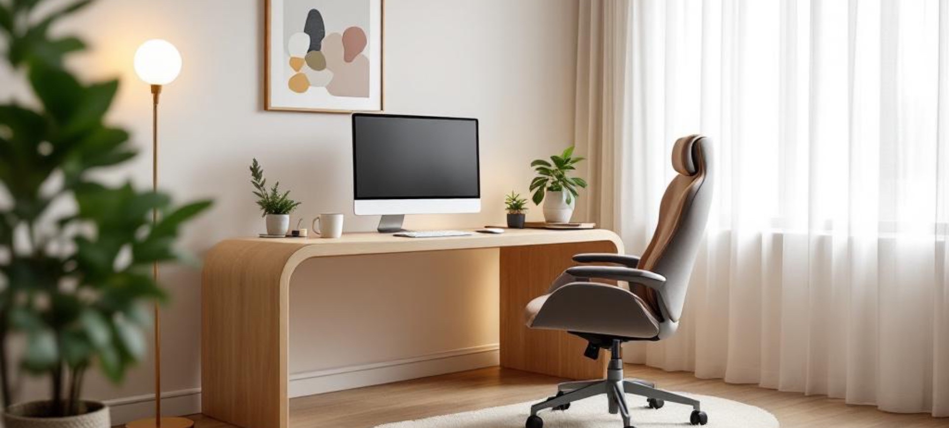 Modern ergonomic home office setup with a supportive office chair, minimalist desk, and natural light-filled workspace.