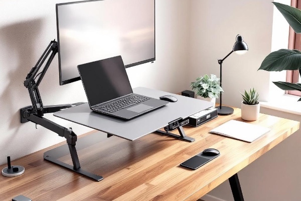 Full ergonomic workstation accessories display featuring a monitor arm, laptop stand, desk lighting, and organized office tools for comfort and productivity.