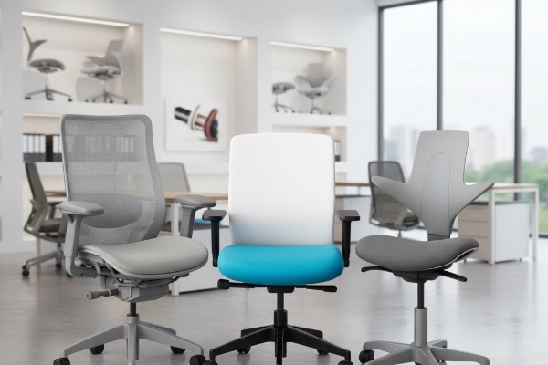 Contemporary showroom featuring ergonomic office chairs in multiple styles and colors designed for comfort, support, and adjustable seating needs.