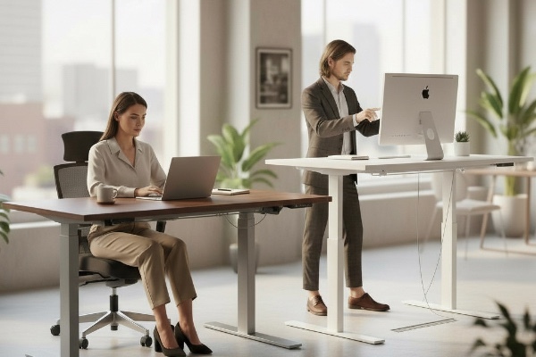 Spacious contemporary office with a standing desk and seated desk setup designed for posture support, flexibility, and productive work habits.