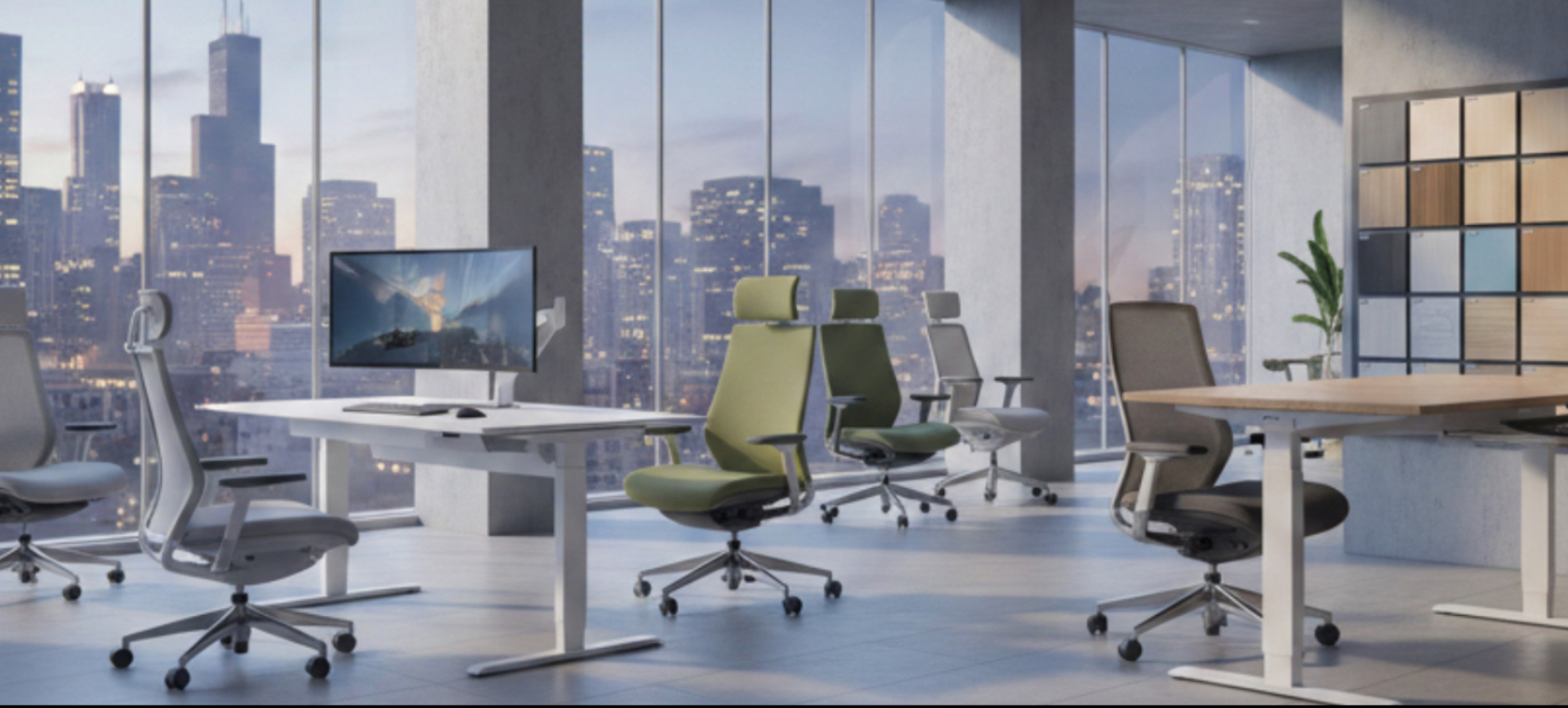 Ergonomic office furniture display featuring adjustable chairs, clean-lined desks, and a modern office environment.