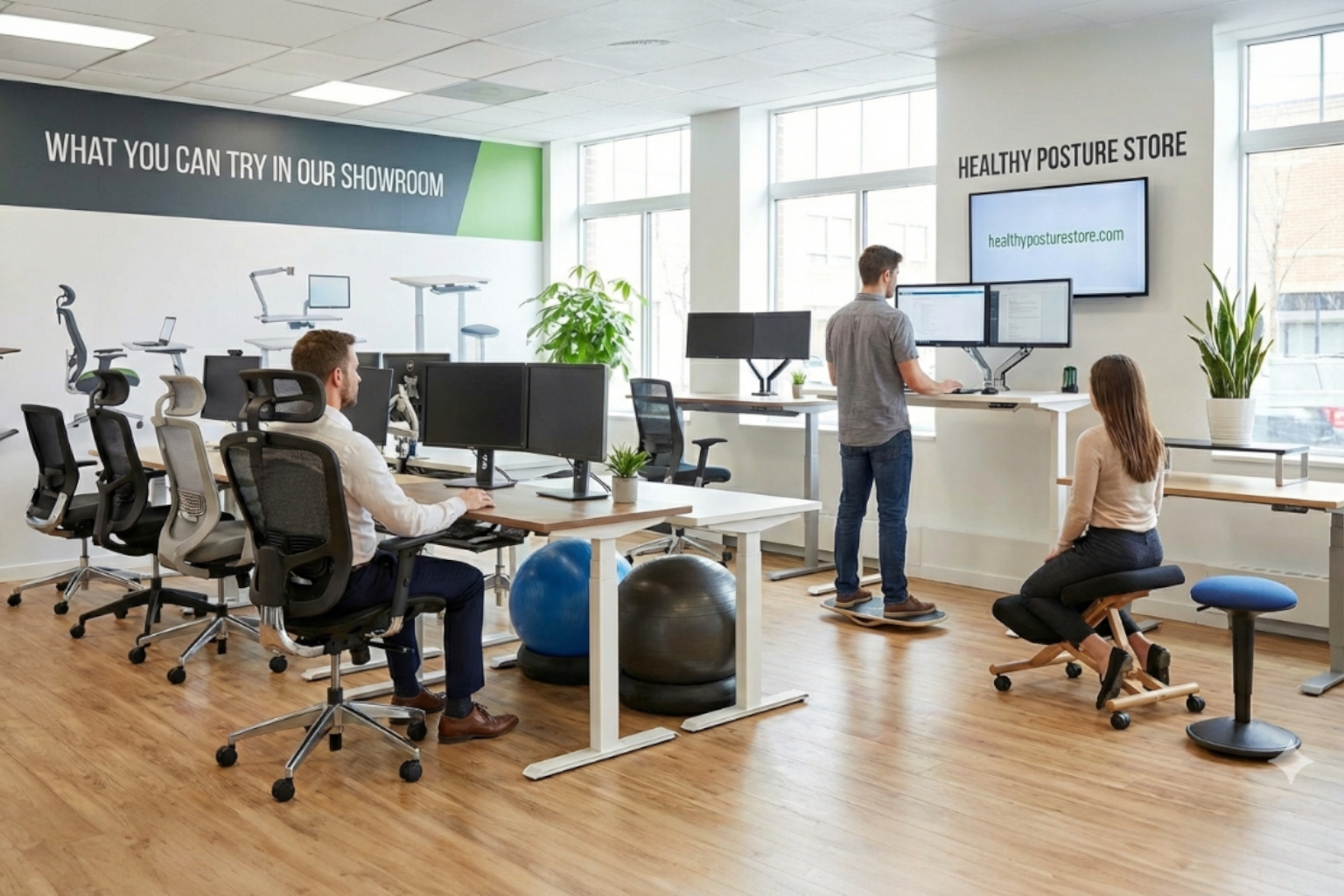 Customers testing ergonomic office chairs, standing desks, and active seating in a Healthy Posture Store showroom.