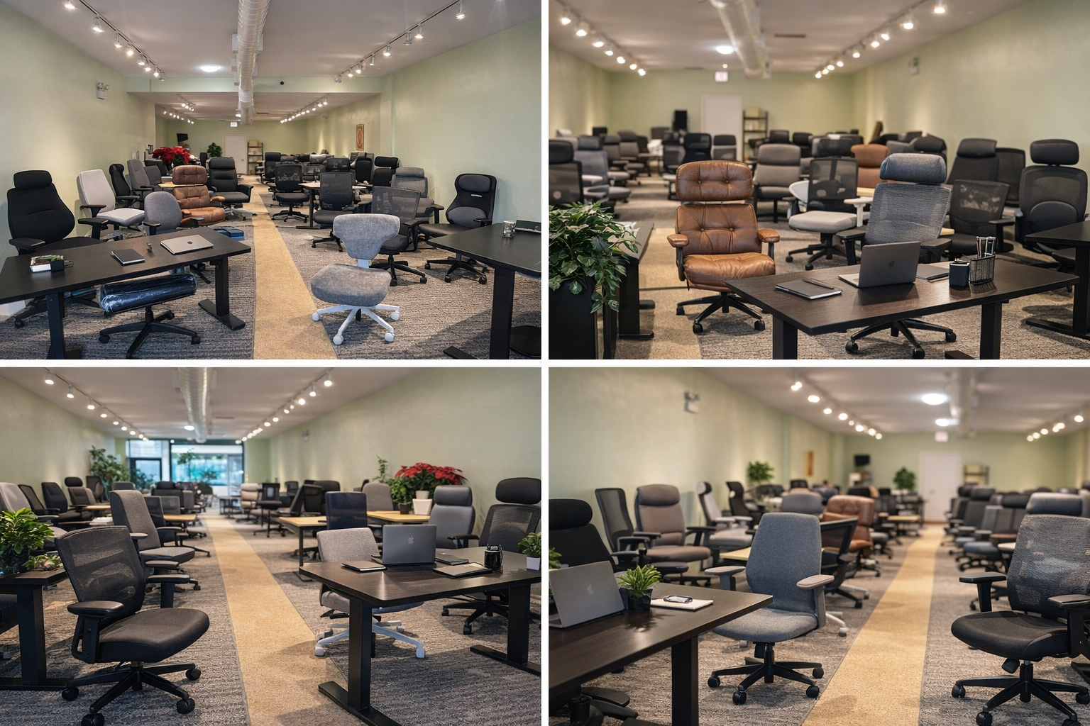 Ergonomic office furniture store exterior with standing desks, ergonomic accessories, and showroom signage visible through large windows Ergonomic office furniture store exterior with standing desks, ergonomic accessories, and showroom signage visible through large windows