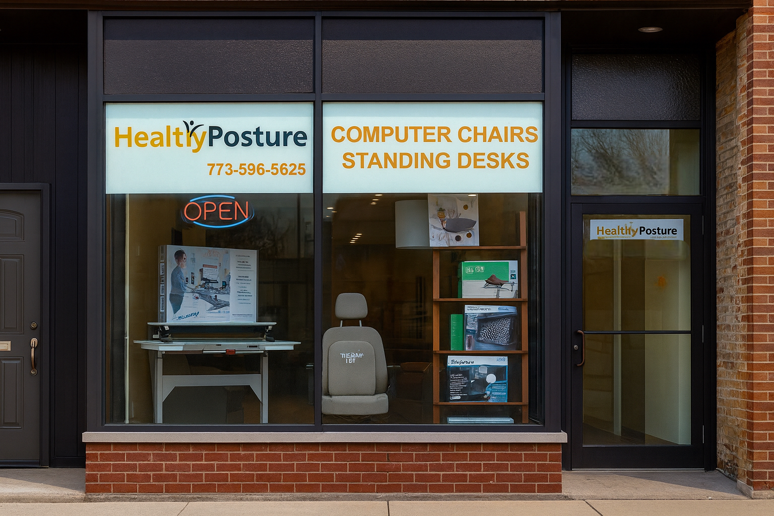 Chicago Local ergonomic furniture showroom displaying work chairs, executive seating,standing  and workspace accessories for healthy posture solutions.