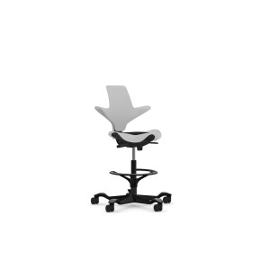 HÅG Capisco Puls 8010 ergonomic chair in black and silver finish with foot ring, shown on black base.