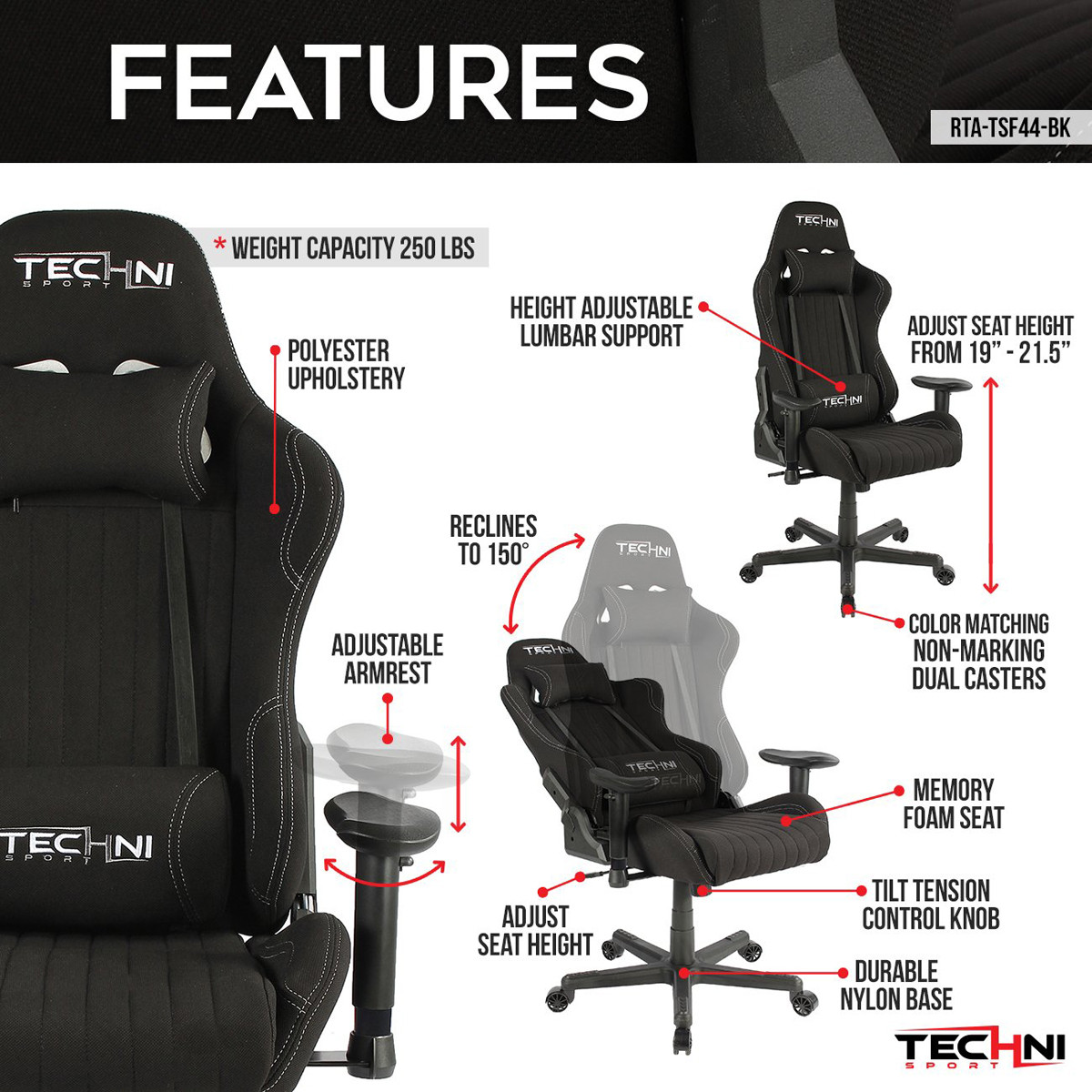 Techni Sport Echo Series Gaming Desk Chair TCF44 Black