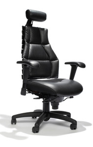 RFM Verte 2200 Series Executive Chair in black leather featuring an adjustable headrest, articulating spine back design, and ergonomic armrests