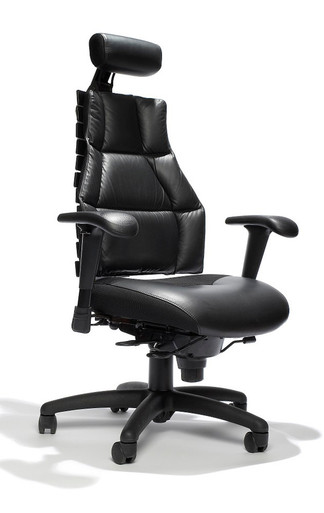 RFM Verte 2200 Series Executive Chair in black leather featuring an adjustable headrest, articulating spine back design, and ergonomic armrests