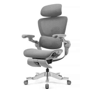 Healthy Posture Hinomi H2 Pro ergonomic mesh chair in moon grey, side view with adjustable footrest.