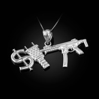 Sterling Silver Dollar Plug Gun Hip Hop Pendant Necklace