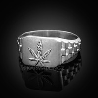 925 Sterling Silver Marijuana Leaf Mens Ring