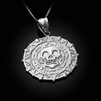 Sterling Silver  Aztec Coin Caribbean Pirates Skull Pendant Necklace