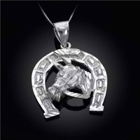 Sterling Silver Large Horseshoe With Horse Face Pendant Necklace