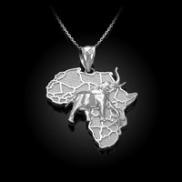 Sterling Silver Africa Map Elephant Pendant Necklace