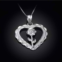 Sterling Silver Heart Rose Pendant Necklace